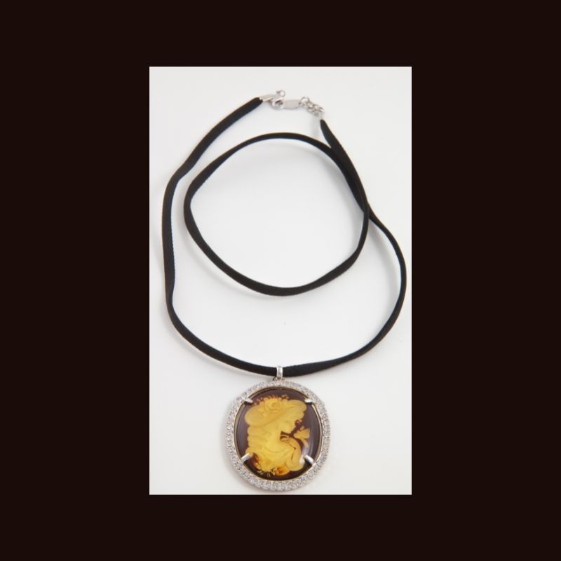 HANDMADE AMBER CAMEO PENDANT WITH CORD